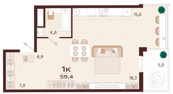 1-комнатная квартира №116 59,4 м2 от застройщика ГК ТОЧНО