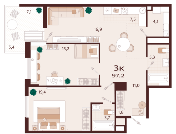 3-комнатная квартира №119 96,7 м2 от застройщика ГК ТОЧНО