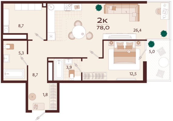 2-комнатная квартира №120 78 м2 от застройщика ГК ТОЧНО