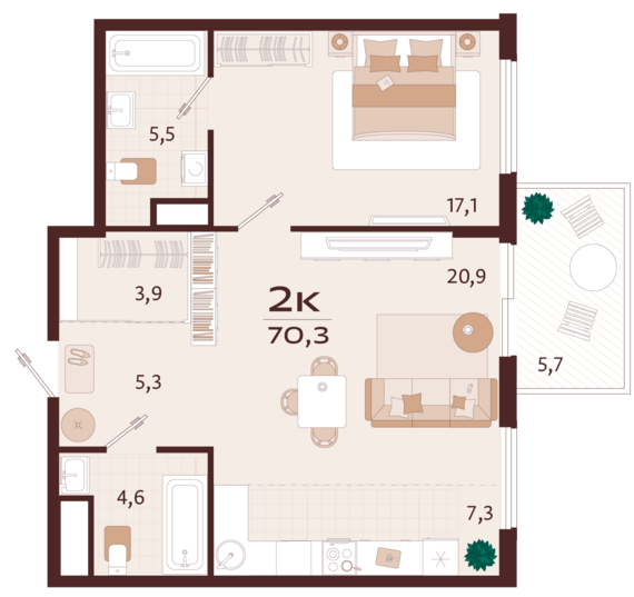2-комнатная квартира №121 70,3 м2 от застройщика ГК ТОЧНО