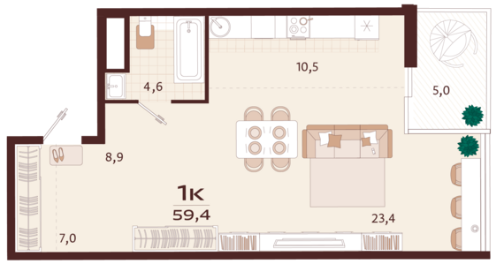 1-комнатная квартира №122 59,4 м2 от застройщика ГК ТОЧНО