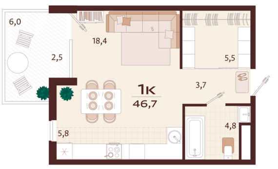 1-комнатная квартира №124 46,7 м2 от застройщика ГК ТОЧНО