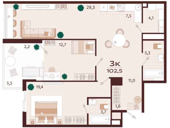 3-комнатная квартира №125 102,3 м2 от застройщика ГК ТОЧНО