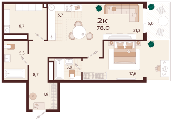 2-комнатная квартира №126 78 м2 от застройщика ГК ТОЧНО