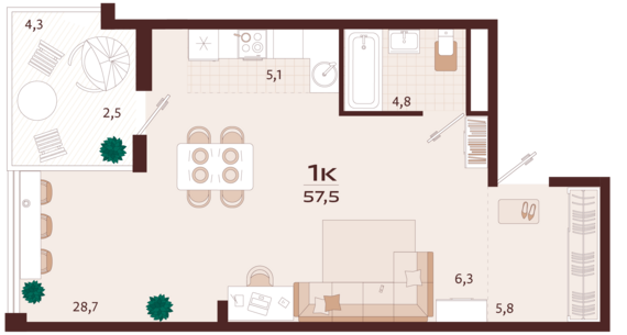 1-комнатная квартира №129 57,5 м2 от застройщика ГК ТОЧНО