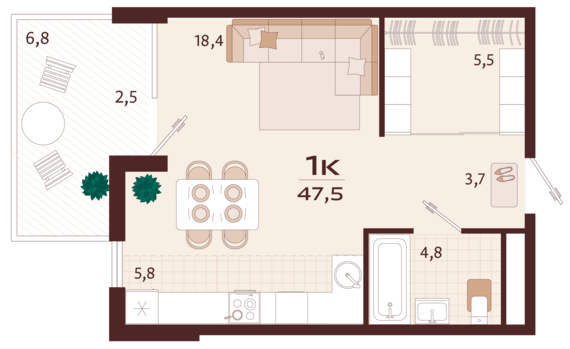 1-комнатная квартира №130 47,5 м2 от застройщика ГК ТОЧНО