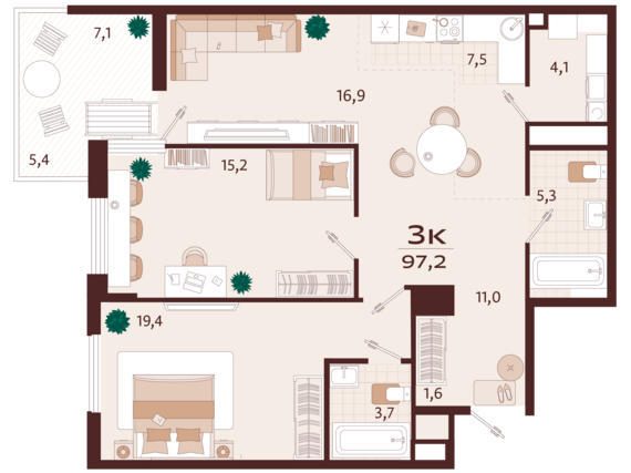 3-комнатная квартира №131 96,7 м2 от застройщика ГК ТОЧНО