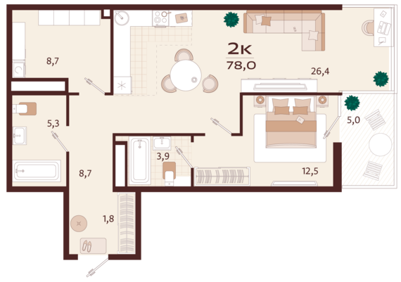 2-комнатная квартира №132 78 м2 от застройщика ГК ТОЧНО