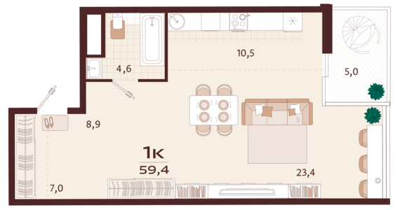 1-комнатная квартира №134 59,4 м2 от застройщика ГК ТОЧНО