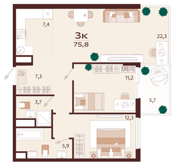 3-комнатная квартира №135 75,8 м2 от застройщика ГК ТОЧНО