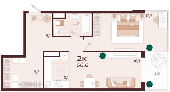 2-комнатная квартира №136 66,6 м2 от застройщика ГК ТОЧНО