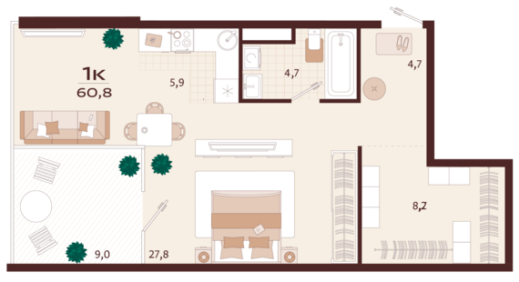 1-комнатная квартира №137 60,8 м2 от застройщика ГК ТОЧНО