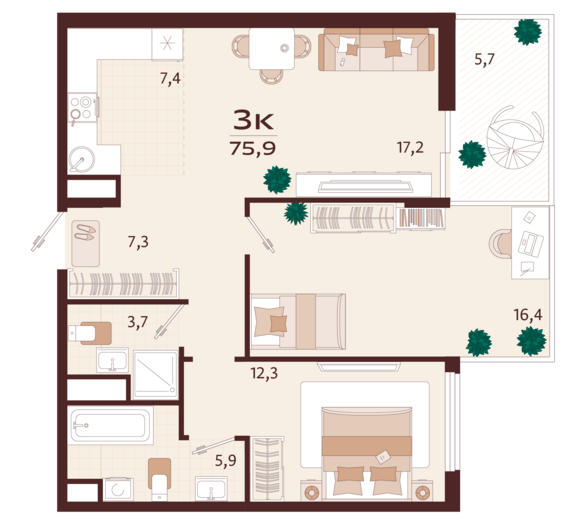 3-комнатная квартира №139 75,9 м2 от застройщика ГК ТОЧНО
