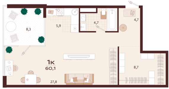1-комнатная квартира №141 60,1 м2 от застройщика ГК ТОЧНО