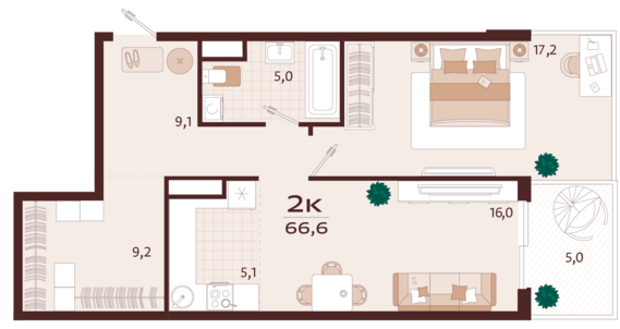 2-комнатная квартира №144 66,6 м2 от застройщика ГК ТОЧНО