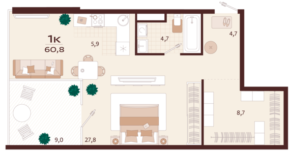 1-комнатная квартира №145 60,8 м2 от застройщика ГК ТОЧНО