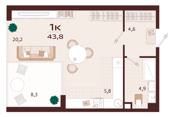 1-комнатная квартира №146 43,8 м2 от застройщика ГК ТОЧНО