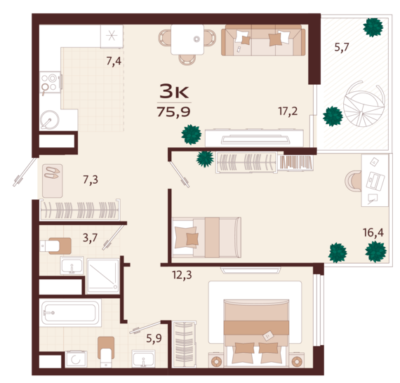 3-комнатная квартира №147 75,9 м2 от застройщика ГК ТОЧНО