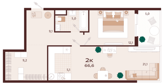 2-комнатная квартира №148 66,6 м2 от застройщика ГК ТОЧНО