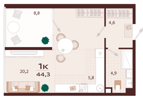 1-комнатная квартира №150 44,3 м2 от застройщика ГК ТОЧНО