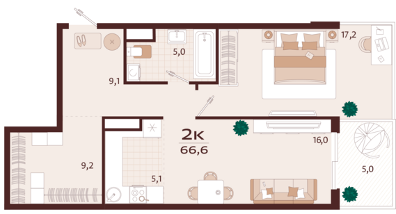 2-комнатная квартира №152 66,6 м2 от застройщика ГК ТОЧНО