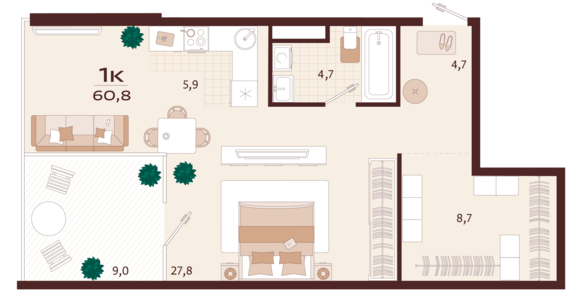 1-комнатная квартира №153 60,8 м2 от застройщика ГК ТОЧНО