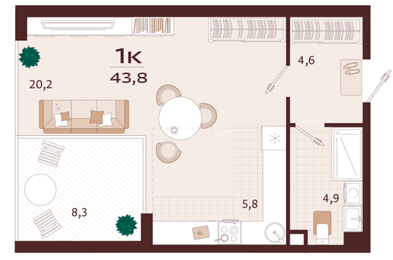 1-комнатная квартира №154 43,8 м2 от застройщика ГК ТОЧНО