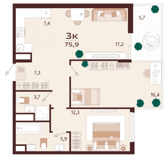 3-комнатная квартира №155 75,9 м2 от застройщика ГК ТОЧНО