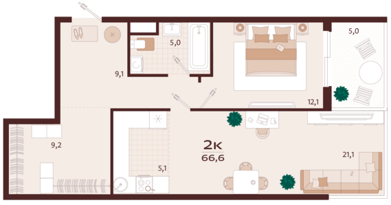 2-комнатная квартира №156 66,6 м2 от застройщика ГК ТОЧНО