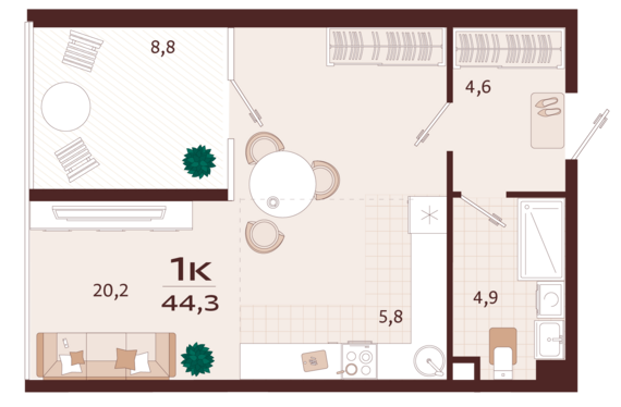 1-комнатная квартира №158 44,3 м2 от застройщика ГК ТОЧНО