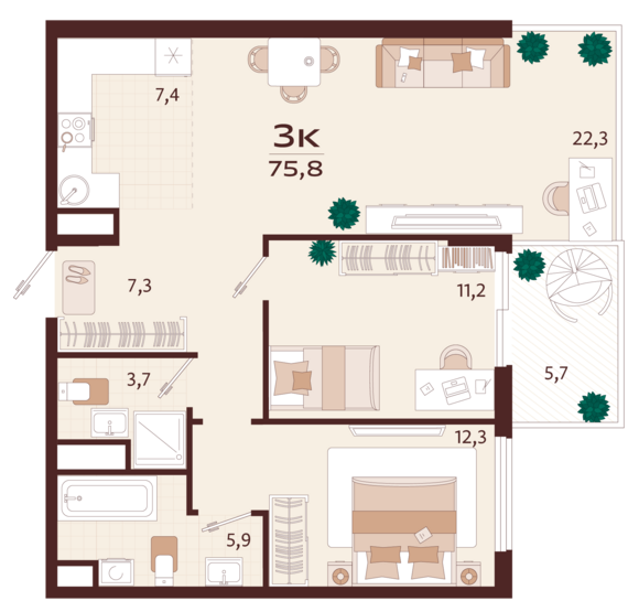 3-комнатная квартира №159 75,8 м2 от застройщика ГК ТОЧНО
