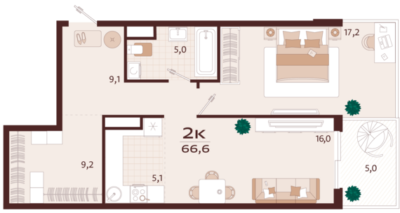2-комнатная квартира №160 66,6 м2 от застройщика ГК ТОЧНО