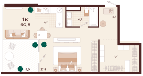 1-комнатная квартира №161 60,8 м2 от застройщика ГК ТОЧНО