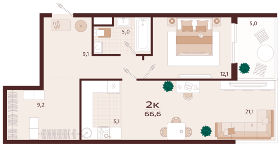 1-комнатная квартира №165 60,1 м2 от застройщика ГК ТОЧНО