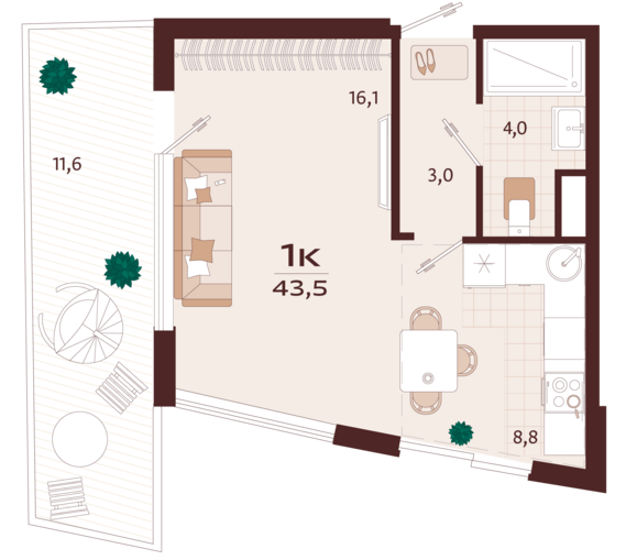 1-комнатная квартира №18 43,5 м2 от застройщика ГК ТОЧНО