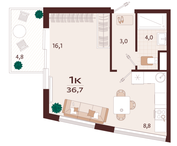 1-комнатная квартира №23 36,7 м2 от застройщика ГК ТОЧНО