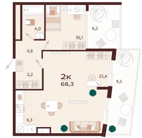 2-комнатная квартира №32 68,3 м2 от застройщика ГК ТОЧНО