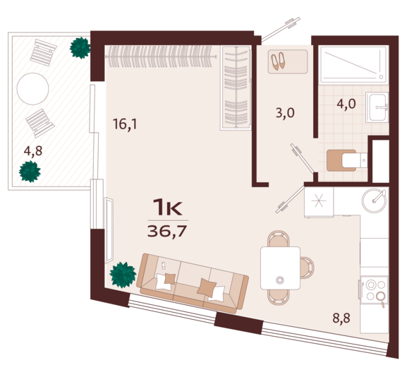 1-комнатная квартира №33 36,7 м2 от застройщика ГК ТОЧНО