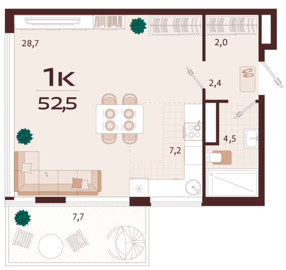 1-комнатная квартира №34 52,5 м2 от застройщика ГК ТОЧНО
