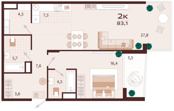 2-комнатная квартира №36 83,1 м2 от застройщика ГК ТОЧНО