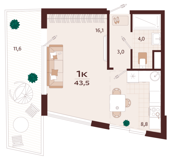 1-комнатная квартира №38 43,5 м2 от застройщика ГК ТОЧНО