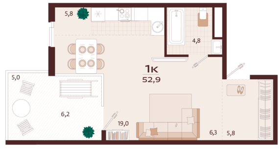 1-комнатная квартира №39 52,9 м2 от застройщика ГК ТОЧНО