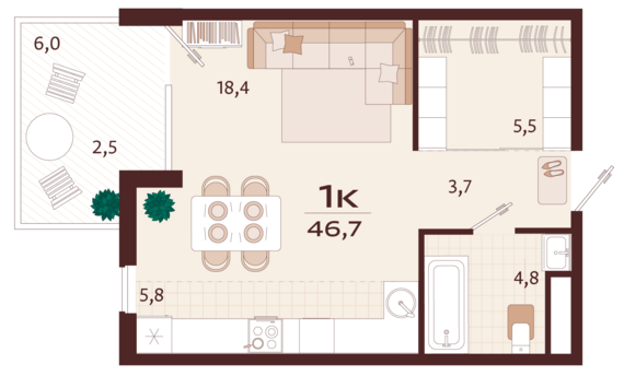 1-комнатная квартира №40 46,7 м2 от застройщика ГК ТОЧНО