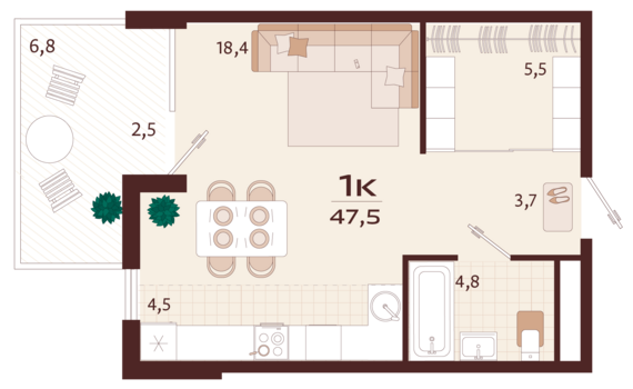 1-комнатная квартира №46 47,5 м2 от застройщика ГК ТОЧНО