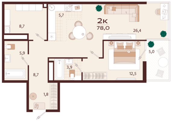 2-комнатная квартира №48 78 м2 от застройщика ГК ТОЧНО