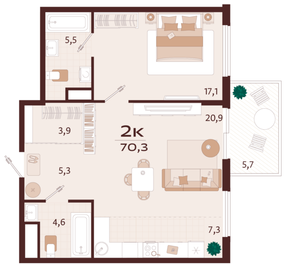 2-комнатная квартира №49 70,3 м2 от застройщика ГК ТОЧНО