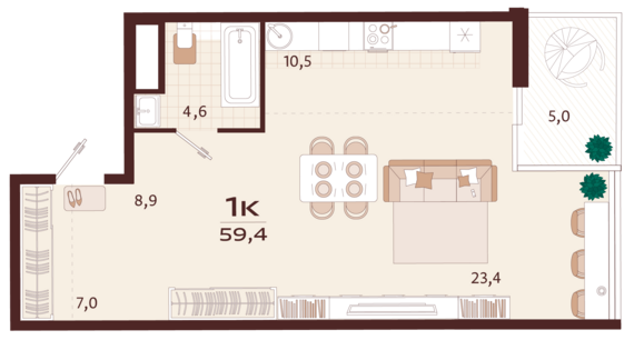 1-комнатная квартира №50 59,4 м2 от застройщика ГК ТОЧНО