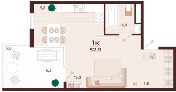 1-комнатная квартира №51 52,9 м2 от застройщика ГК ТОЧНО