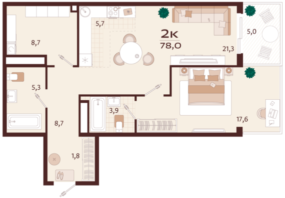 2-комнатная квартира №54 78 м2 от застройщика ГК ТОЧНО