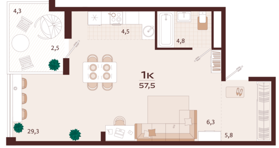 1-комнатная квартира №57 57,5 м2 от застройщика ГК ТОЧНО